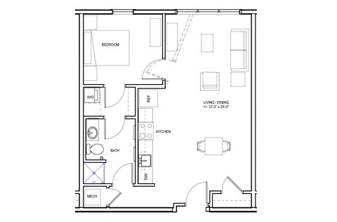 Floor plan for 1 bed, 1 bath, 700 sqft